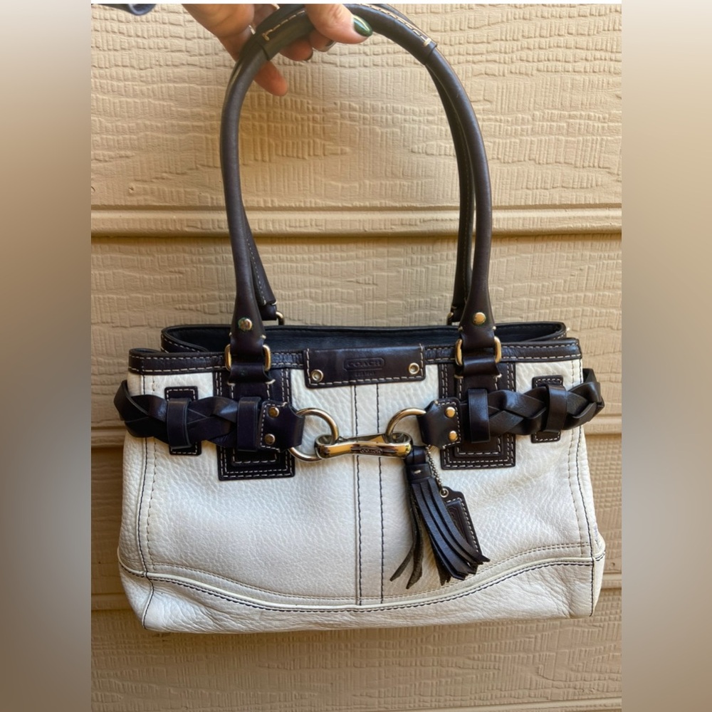 Coach Hampton White And Black Leather Carryall Braid Accent Handbag